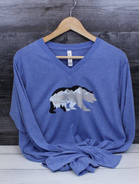 Bear Mountain Gift Set - Unisex Blue Triblend Long Sleeved Tee - V Neck