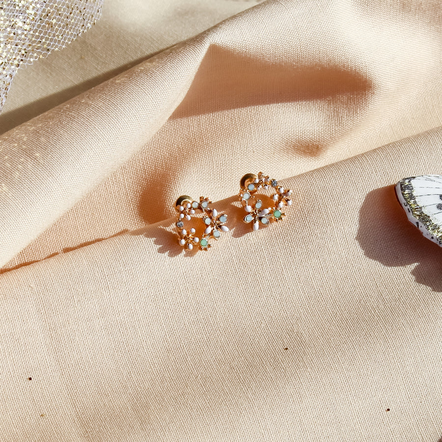 White and Green Flower Wreath Earrings | Stud Earrings