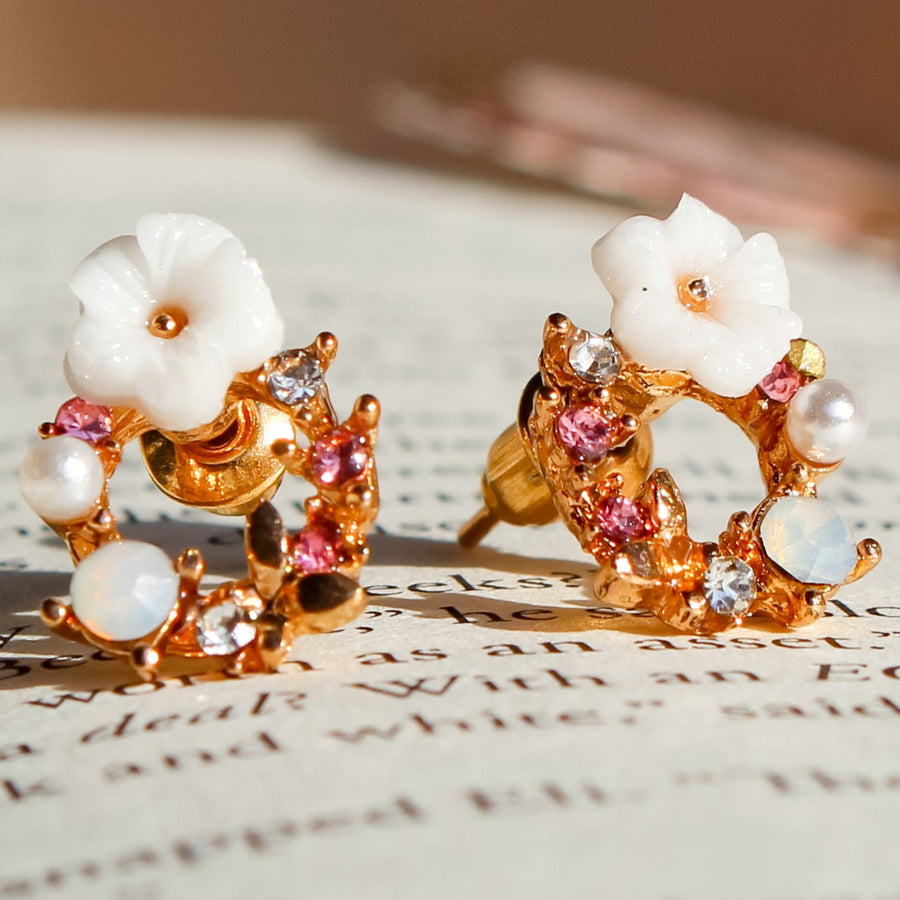 White Jade Pink Colored Flower Wreath Earrings | Stud Earrings