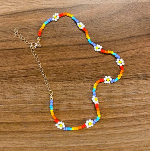 Daisy Rainbow Bead Necklace | Flower Pendant | Boho Flower Necklace