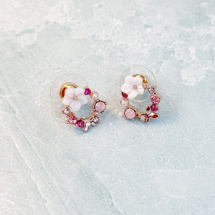 White Pink Crimson Flower Wreath Earrings | Stud Earrings